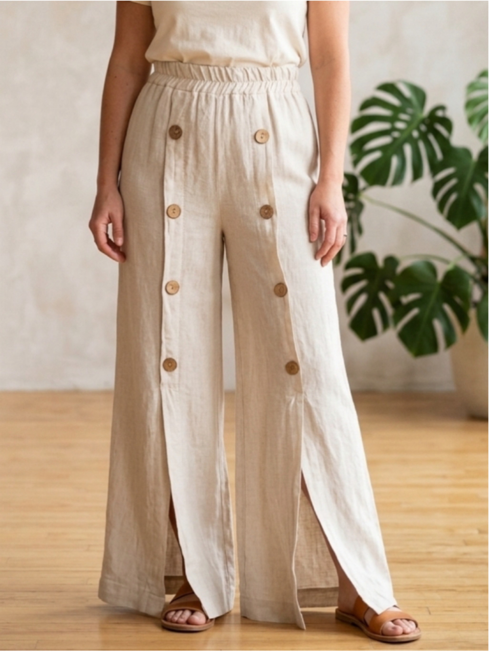 Women's Bellambra Wide Leg Linen Pants Size L Beige Button Detail. 2064